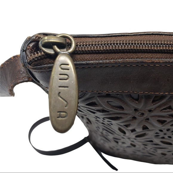 Unisa Brown Leather Purse Laser Cut Floral Pattern Zipper Close. - Picture 3 of 10